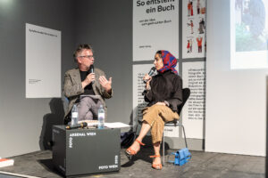 © Michael Seirer Photography — BOOK DAYS FOTO WIEN 2023: (von r. nach l.) Bernd Stiegler (Professor, Fotohistoriker, Literaturwissenschaftler), Sabiha Cimen (Fotografin)